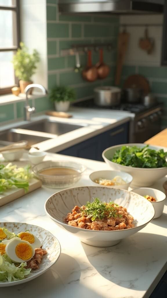 Modern kitchen scene with green subway tile backsplash, prep bowls of green onions, spinach, and halved soft-boiled eggs, alongside sliced chashu pork, lit by natural daylight from the left.