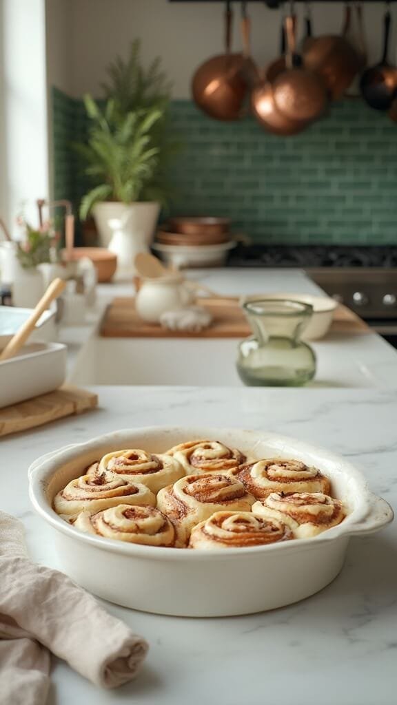 Keto Cinnamon Rolls (Fathead Dough Method) 6 Raw cinnamon rolls arranged in a round ceramic pan on a modern kitchen countertop with earthy cookware and utensils