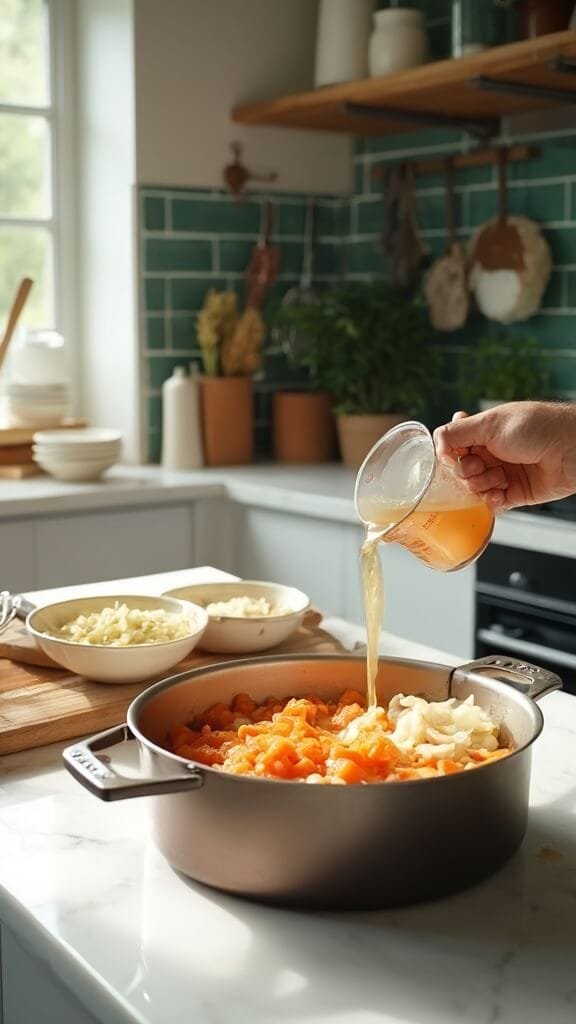Carrot Ginger Soup - A Silky Smooth One-Pot Wonder 5 Modern kitchen scene with white marble countertops and stainless steel appliances, featuring a dutch oven with chopped carrots, minced ginger, and garlic being prepared, illuminated by natural window light.