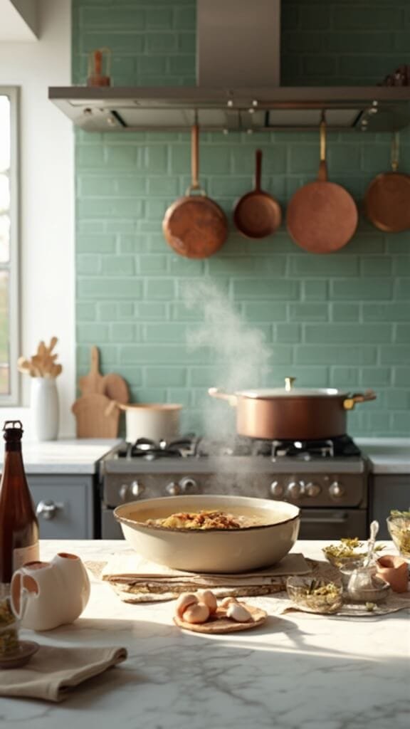 Professional food photography in a modern kitchen featuring simmering ramen broth and fresh ingredients on a stovetop, with daylight casting soft shadows.