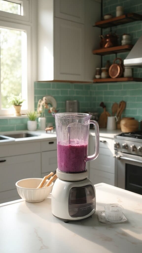 5-Minute Chia Berry Protein Smoothie 6 Blender creating a purple-pink smoothie in a modern kitchen with white marble countertops, green subway tile backsplash, and wooden utensils in natural sunlight