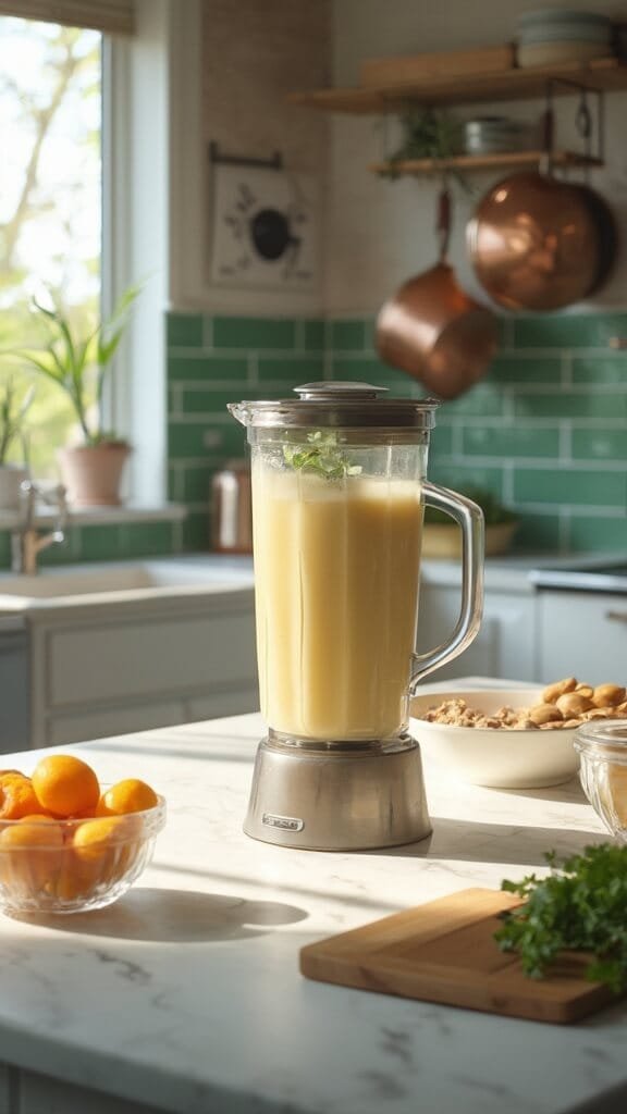 Professional food photography in a modern kitchen with smoothie blending in motion, shot in natural daylight with canon 5d mark iv