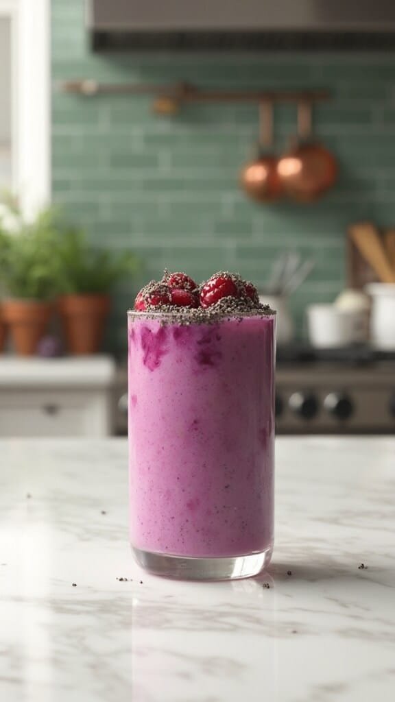 5-Minute Chia Berry Protein Smoothie 7 Modern kitchen scene with a freshly poured smoothie in a tall glass, topped with berries and chia seeds, on a marble countertop with wooden utensils and cream-colored bowls