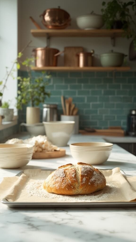 Traditional Irish Soda Bread 6 Round loaf of bread with deep x scoring on a baking sheet in a modern kitchen with green subway tile backsplash and copper pots