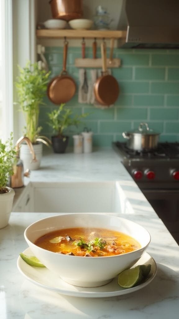 Steamy chicken soup in a white ceramic bowl, garnished with cilantro and lime, in a modern kitchen with green subway tile backsplash and copper pots