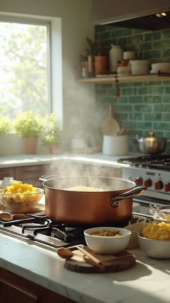 Coconut Curry Shrimp Soup 4 Modern kitchen with green subway tile backsplash, copper cookware, and cream ceramic bowls, with garlic and ginger sautéing in large dutch oven on stovetop