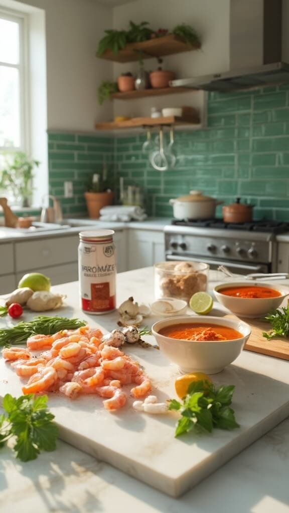 Coconut Curry Shrimp Soup 3 Ingredients for thai coconut curry shrimp soup arranged in a modern kitchen; featuring shrimp, coconut milk, curry paste, and various fresh produce