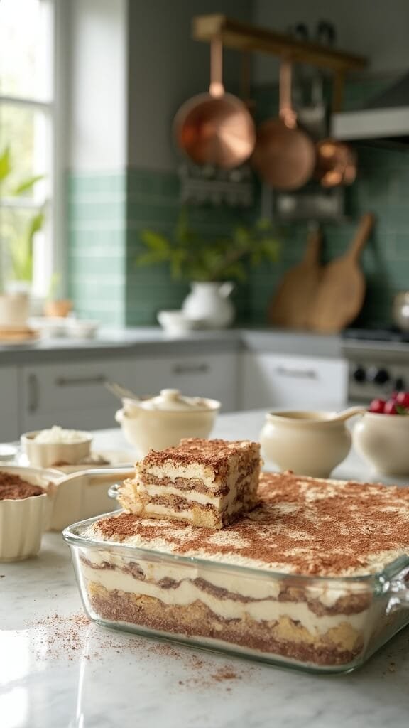 High-Protein Tiramisu With Almond Flour Sponge 7 Finished tiramisu in glass dish with square portion being lifted, in a modern kitchen with green subway tiles and cream-colored bowls