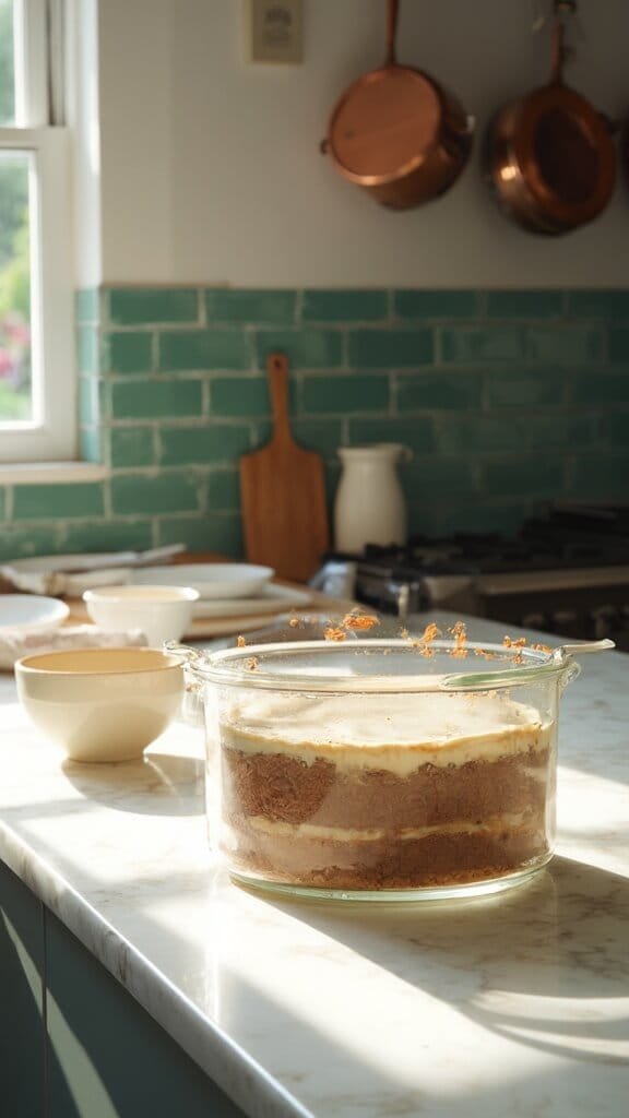 High-Protein Tiramisu With Almond Flour Sponge 6 Professional food photography in a modern kitchen, showing the assembly of a layered dessert in a glass baking dish on a white marble countertop, under natural daylight