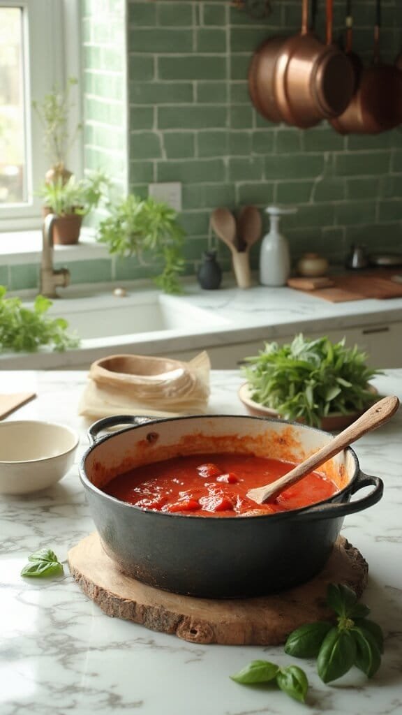 Tomato soup simmering in dutch oven in a modern kitchen, with wooden utensils, cream-colored bowls, and fresh basil leaves on white marble countertop under natural daylight