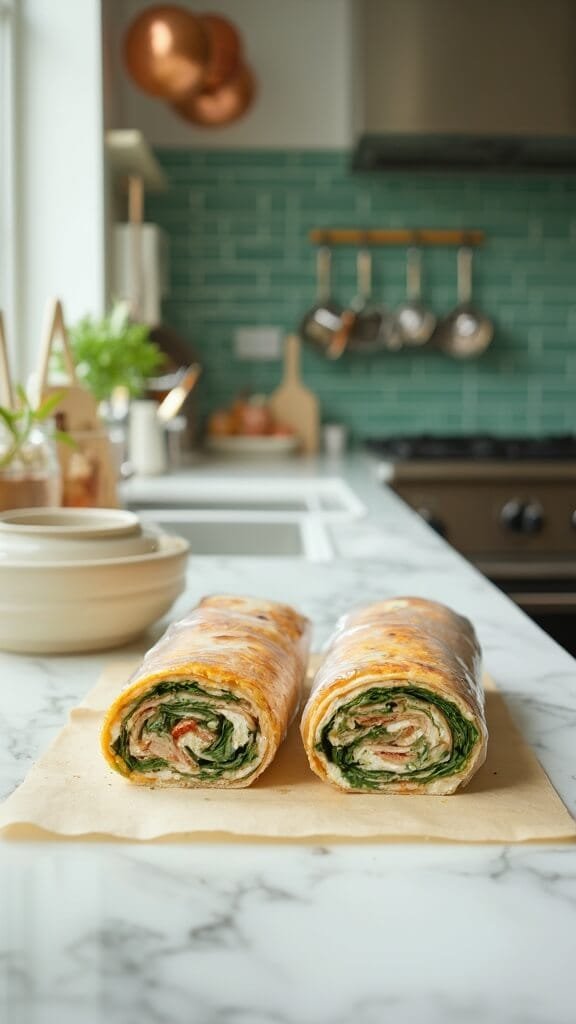 Turkey &Amp; Cheese Breakfast Roll-Ups 5 Two tightly wrapped tortilla rolls with layers of cream cheese, spinach, and turkey on a modern kitchen counter with wooden utensils, modern cookware and ceramic prep bowls