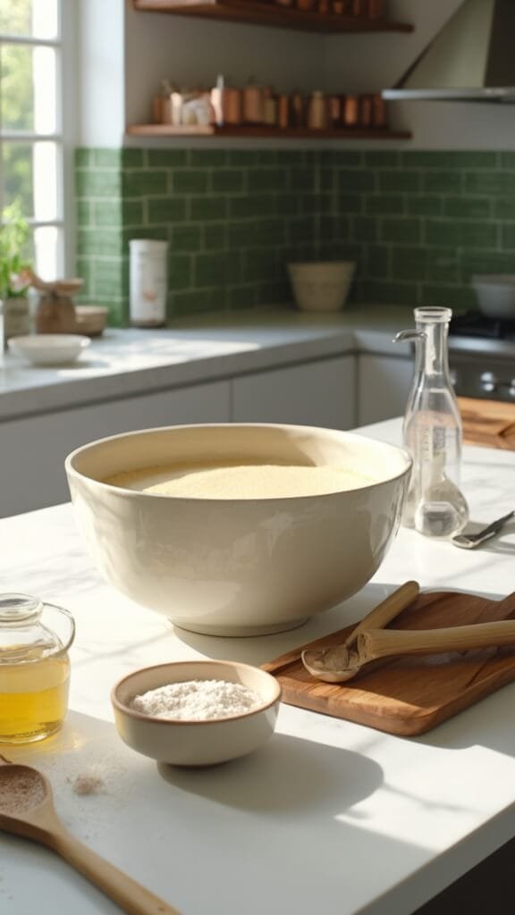 Homemade Garlic Breadsticks 3 Professional food photography in a modern kitchen with baking ingredients, wooden utensils, and cream-colored ceramics illuminated by natural daylight