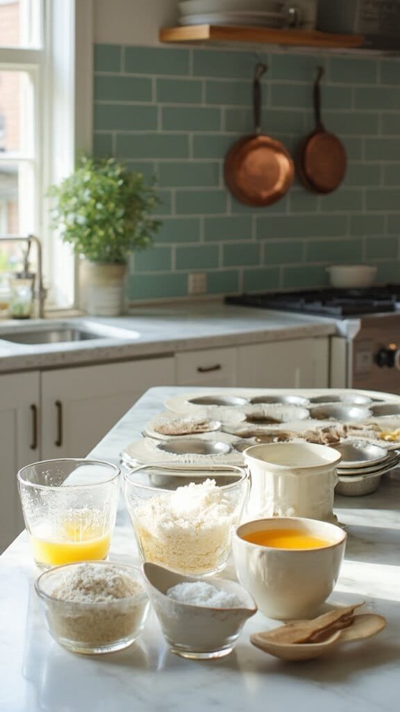 Ingredients for almond muffins artfully arranged on a modern kitchen countertop with natural daylight.