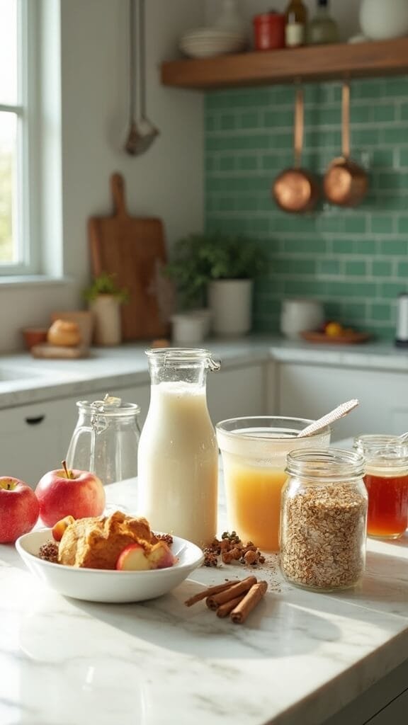 Ingredients for apple pie smoothie arranged on a marble countertop in a modern kitchen with natural daylight and green subway tile backsplash
