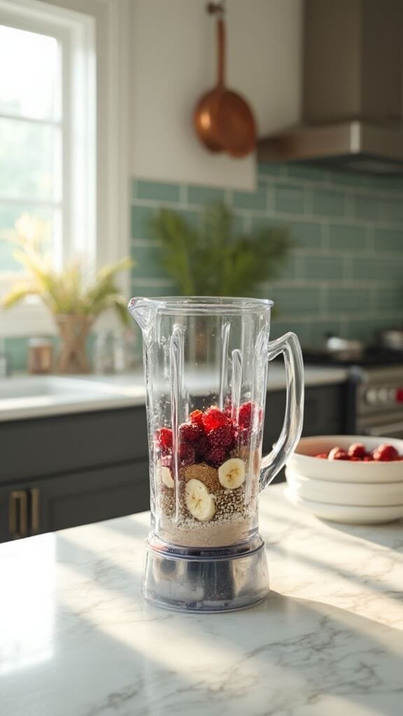 5-Minute Chia Berry Protein Smoothie 5 Ingredients for a healthy smoothie, including berries, banana, protein powder, and chia seeds, layered in a blender in a modern kitchen with green subway tile backsplash and warm lighting.