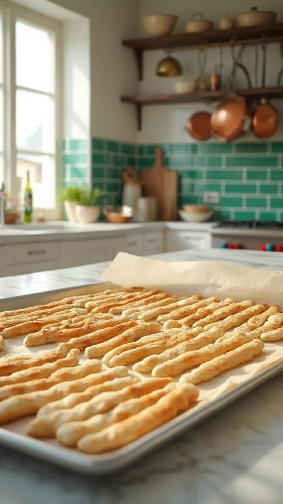 Homemade Garlic Breadsticks 5 Neatly arranged breadstick ropes on parchment-lined baking sheet in modern kitchen with green subway tiles, wooden utensils, and natural daylight