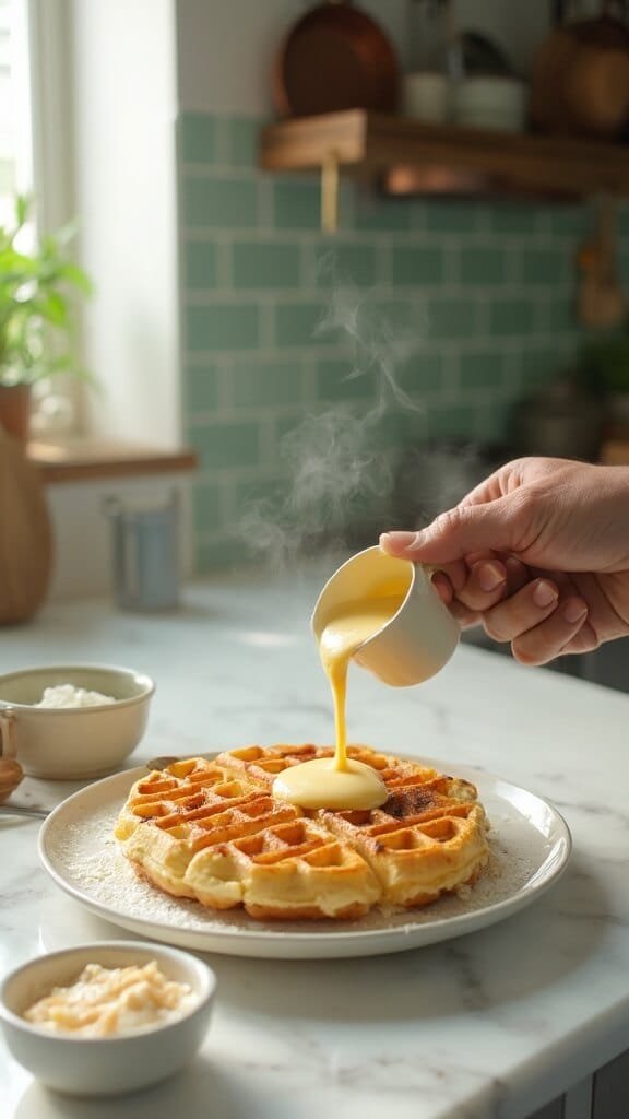 Hand pouring egg-cheese batter into a mini waffle maker on a white marble countertop in a modern kitchen with green subway tiles and warm lighting