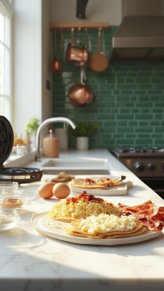 Preparation of ingredients for chaffles in a modern kitchen with fresh eggs, grated mozzarella, bacon pieces, and seasonings in glass bowls, alongside a mini waffle maker.