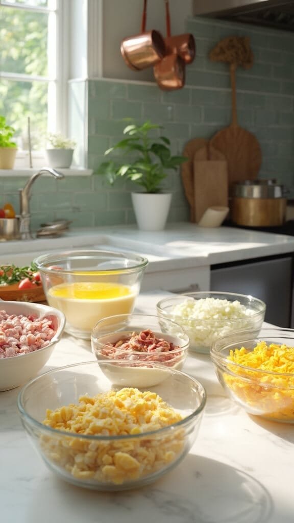 Modern kitchen with sunlight illuminating white marble countertops, stainless steel appliances, green subway tiles, and cooking ingredients like diced ham, cheese, eggs, and vegetables neatly arranged in glass bowls.