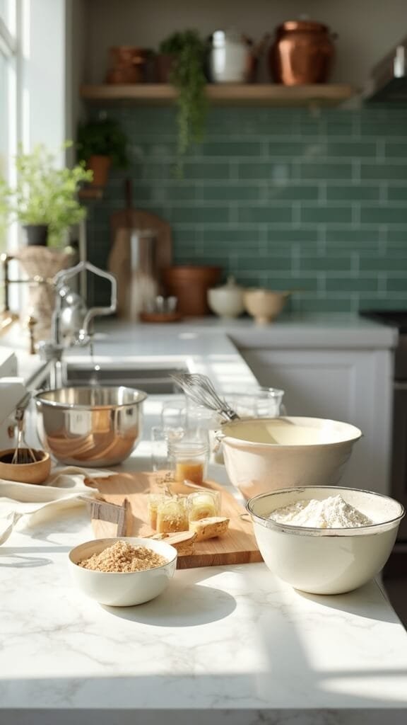 High-Protein Tiramisu With Almond Flour Sponge 3 Modern kitchen scene with ingredients for tiramisu, cookware, and utensils laid out on white marble countertops under natural daylight.