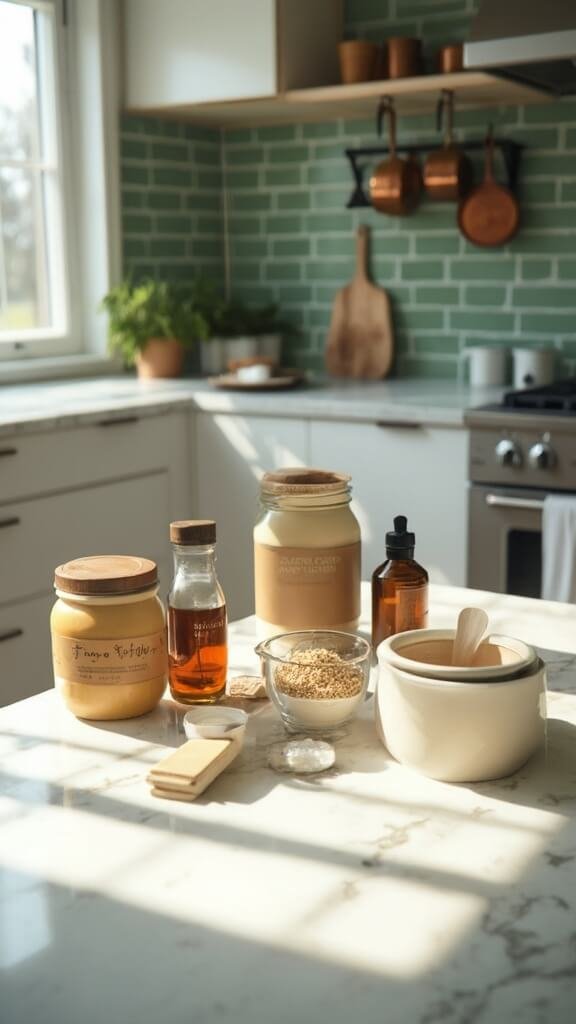 Keto Almond Butter &Amp; Flaxseed Fat Bombs 3 Ingredients for keto fatbombs artfully arranged in a modern kitchen with natural light, featuring almond butter, flaxseed, coconut oil, maple syrup, vanilla extract, and sea salt.