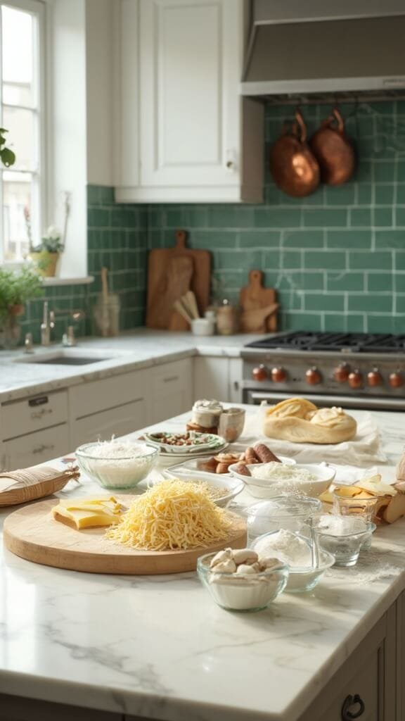 Keto Cinnamon Rolls (Fathead Dough Method) 3 Ingredients for keto cinnamon rolls in glass bowls on a white marble kitchen counter, lit by natural light from a nearby window