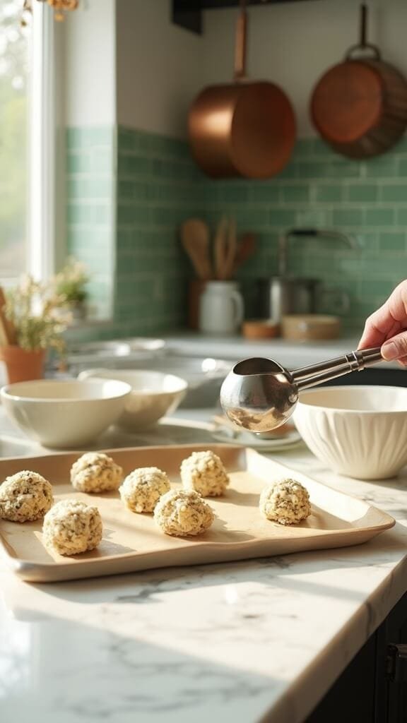 Keto Almond Butter &Amp; Flaxseed Fat Bombs 6 Professional food photography of a stainless steel cookie scoop forming perfect spheres on a parchment-lined baking sheet in a modern kitchen with green subway tile backsplash