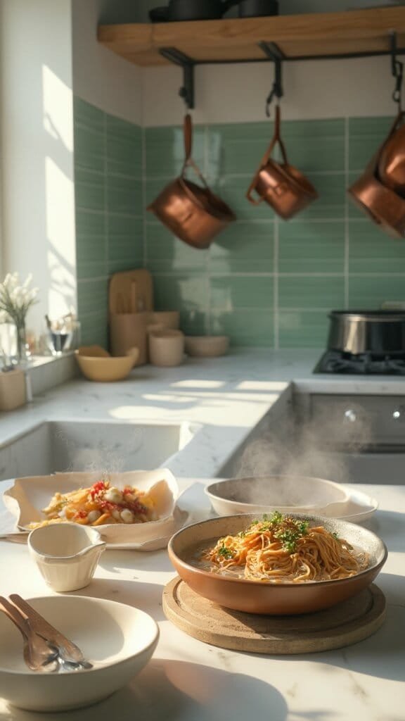 Fresh ramen noodles being cooked on a modern kitchen stovetop with steam rising, surrounded by cream-colored ceramic bowls and wooden utensils, under natural daylight.