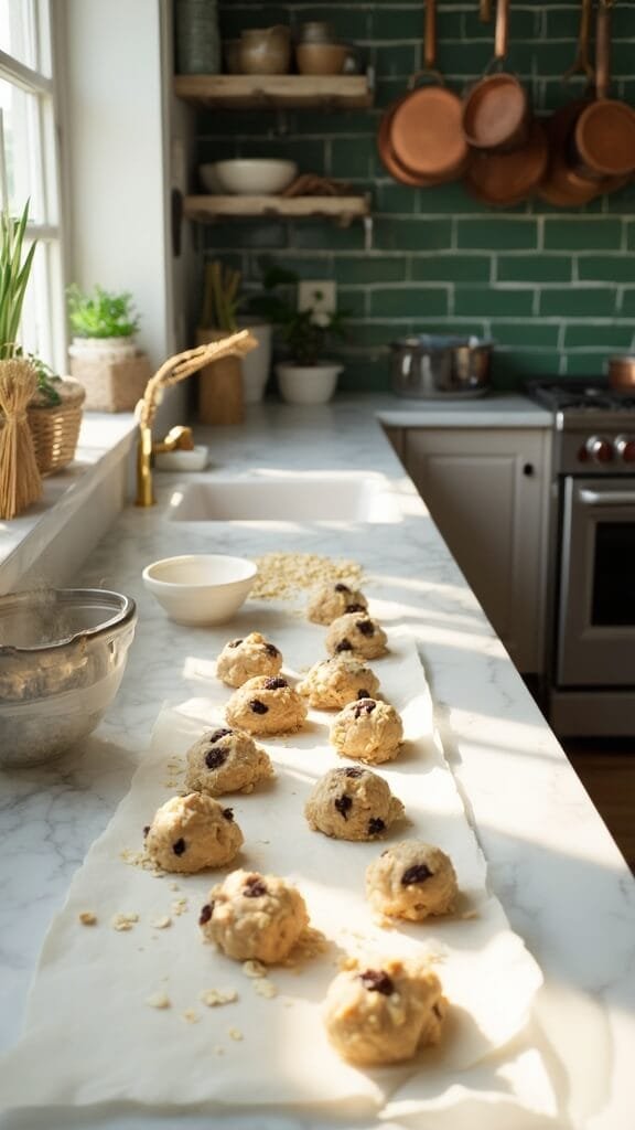 Classic Chewy Oatmeal Raisin Cookies 5 Professional food photography of cookie dough portions on a baking sheet in a modern kitchen with natural daylight