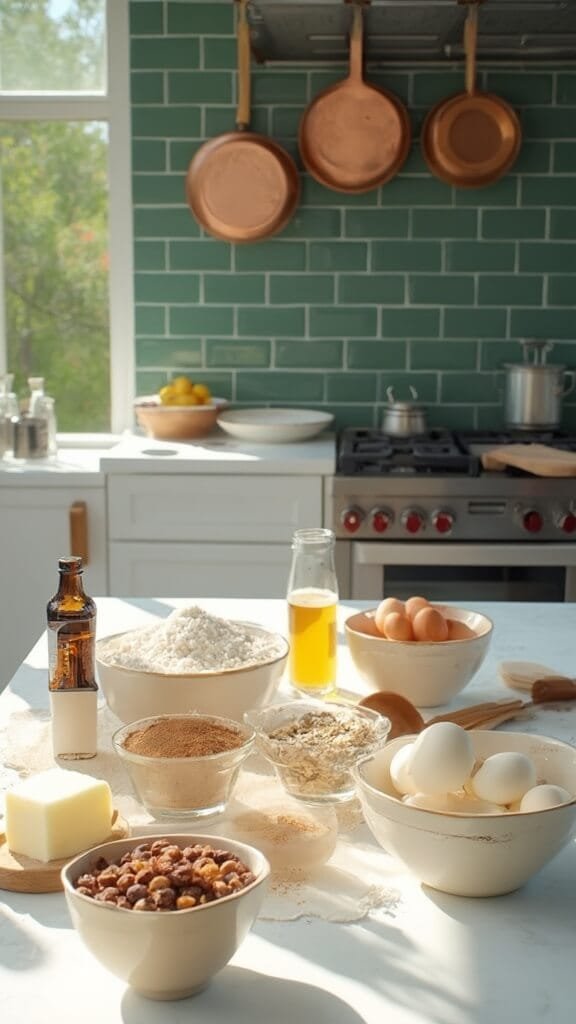 Classic Chewy Oatmeal Raisin Cookies 3 Modern kitchen setting with ingredients for baking arranged on marble countertops, lit by natural daylight.