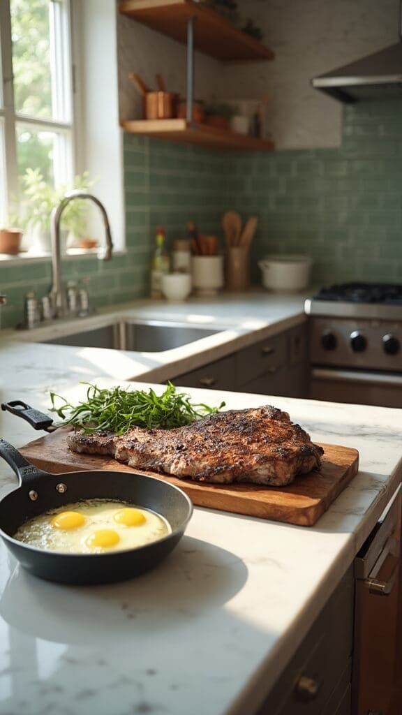 Classic Steak &Amp; Eggs Recipe 5 1 resting steak marble kitchen