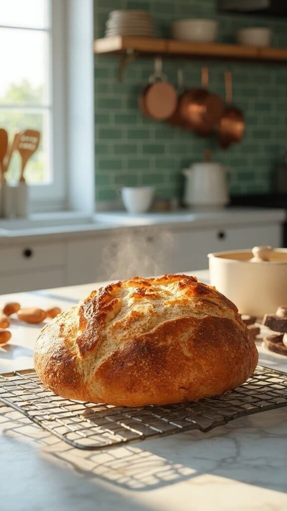 Traditional Irish Soda Bread 7 Freshly baked golden-brown soda bread on wire cooling rack in a modern kitchen with green subway tile backsplash, wooden utensils, and cream-colored prep bowls