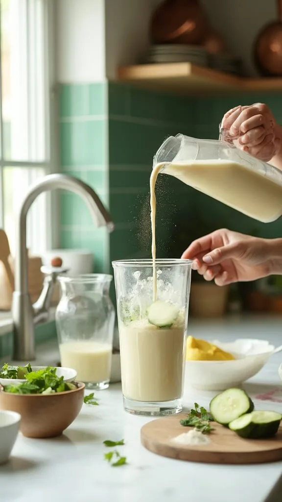 Mint Cucumber Protein Smoothie - A Refreshing High-Protein Drink 4 1 smoothie ingredients pouring