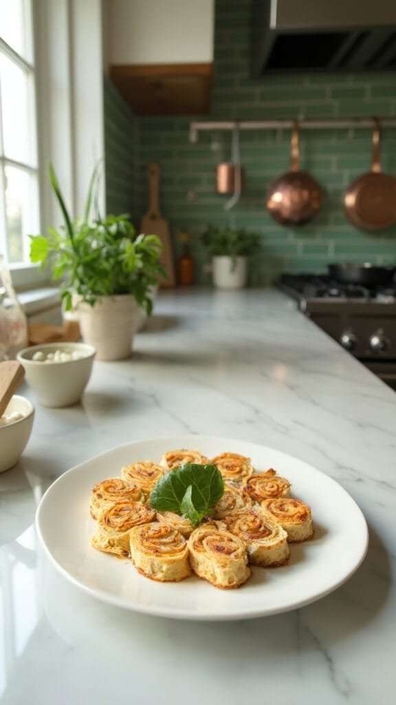 Turkey &Amp; Cheese Breakfast Roll-Ups 7 Pinwheels arranged on a white ceramic plate in a modern kitchen with green subway tile backsplash and daylight streaming in