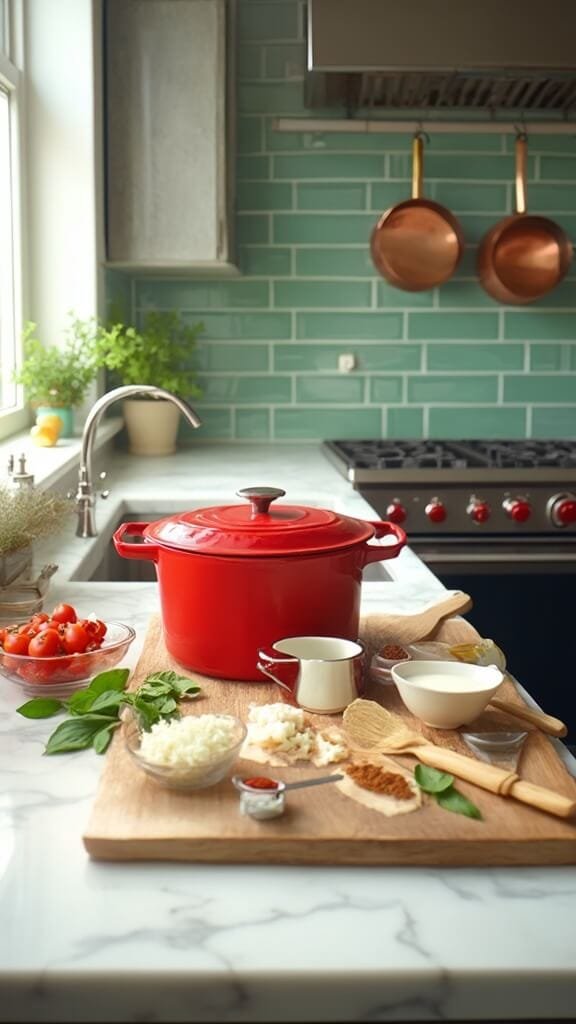 Ingredients for tomato soup arranged in a modern kitchen with white marble countertops, wooden utensils, ceramic bowls, and stainless steel appliances, lit by natural daylight from a window.