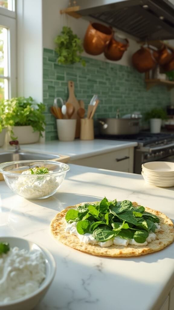 Turkey &Amp; Cheese Breakfast Roll-Ups 4 Fresh spinach leaves arranged on a tortilla with cream cheese in a modern kitchen under natural daylight