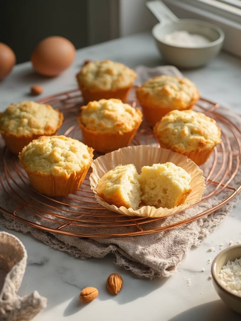 "freshly baked almond flour muffins on a copper cooling rack, with almond flour, fresh eggs and erythritol crystals in the background"