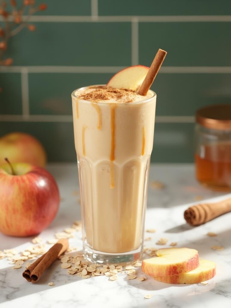 "apple pie protein smoothie with almond butter and cinnamon in a glass on a marble countertop with apple slices, cinnamon sticks and honey jar in the background"