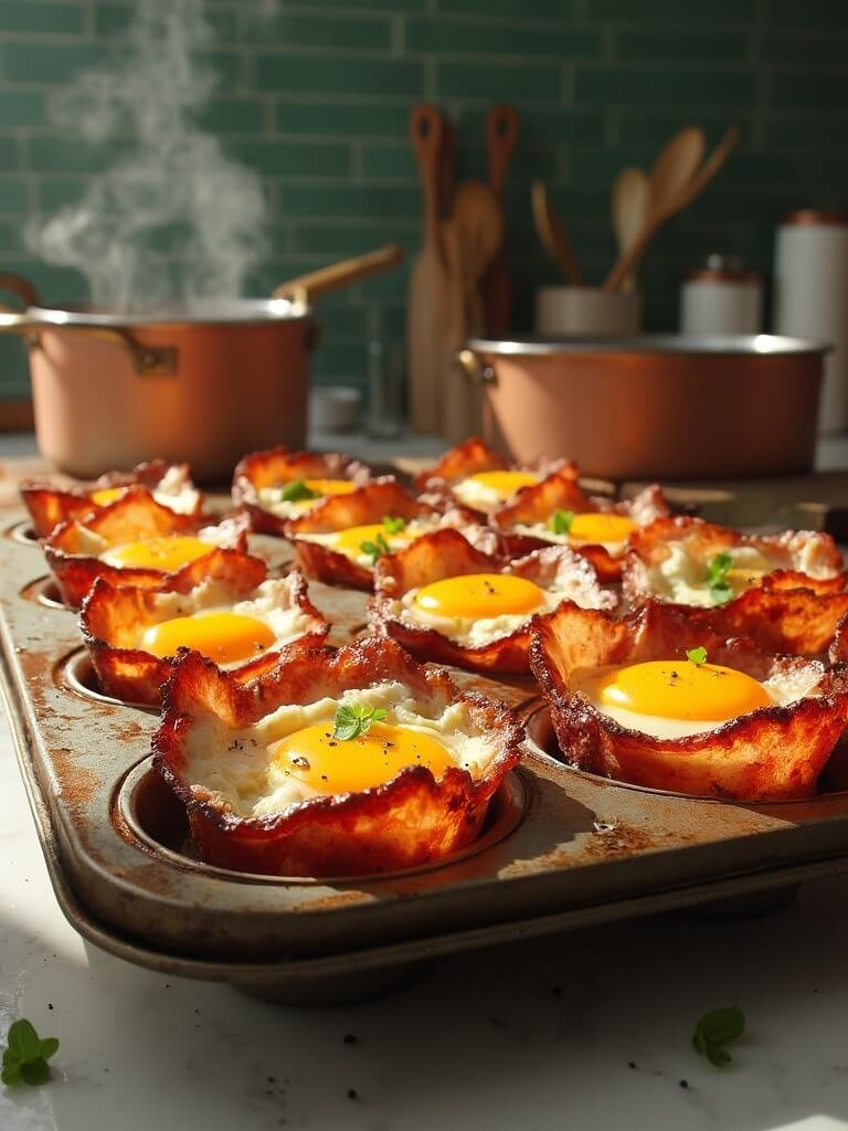 "bacon and egg muffin cups with golden yolks and crispy bacon in rustic muffin tin, shot in morning light in a modern kitchen"