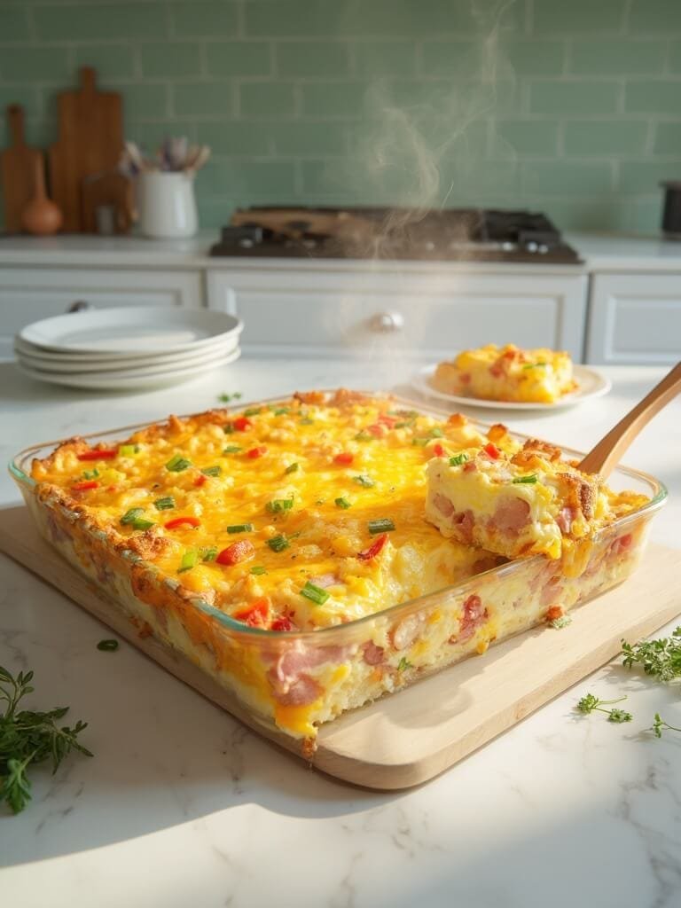 "golden-brown breakfast casserole with layers of hash browns, ham, bell peppers, and eggs topped with cheese in a modern farmhouse kitchen"