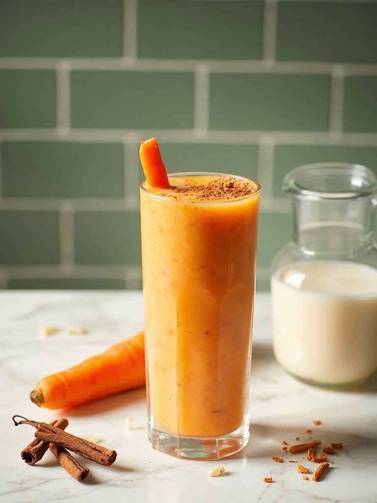 Carrot Cake Protein Smoothie: A Healthy 5-Minute Breakfast Shake 25 "carrot cake protein smoothie in glass with carrot stick, cinnamon sprinkle, and surrounding ingredients on marble countertop in daylight"