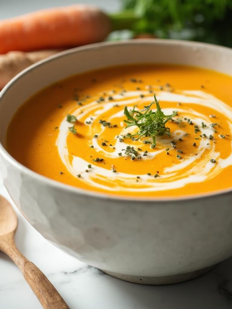 "carrot ginger soup in a white bowl garnished with coconut cream, microgreens, and chives on a marble countertop"