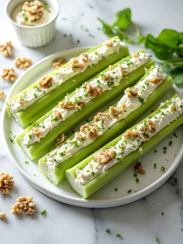 "overhead shot of celery sticks filled with cream cheese and garnished with walnuts and chives on a white platter"