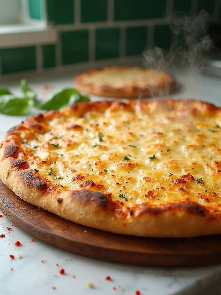 "golden-brown cheese pizza with crispy crust made of mozzarella and parmesan on a marble countertop, with a pizza wheel, basil leaves, and red pepper flakes in the background. "