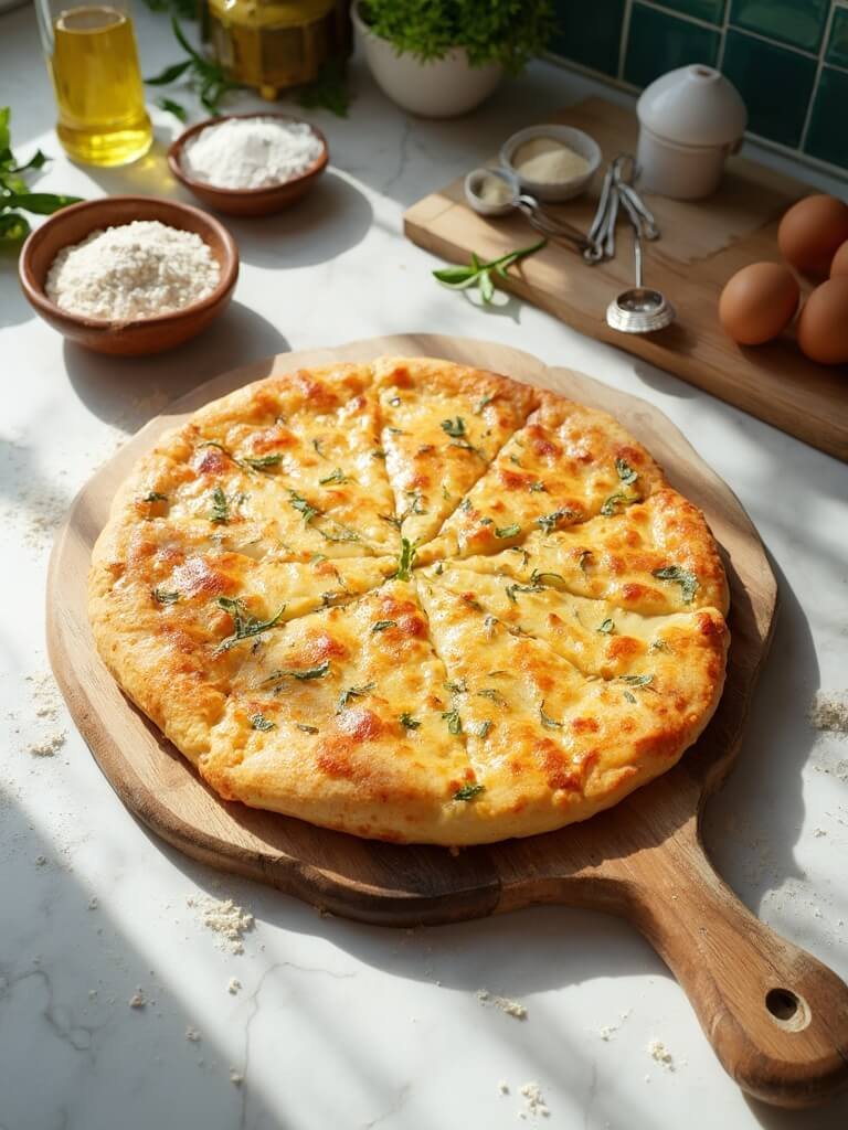 "freshly baked pizza crust on a rustic wooden pizza peel with ingredients like coconut flour, almond flour, psyllium husk, olive oil and herbs in a modern kitchen setting"