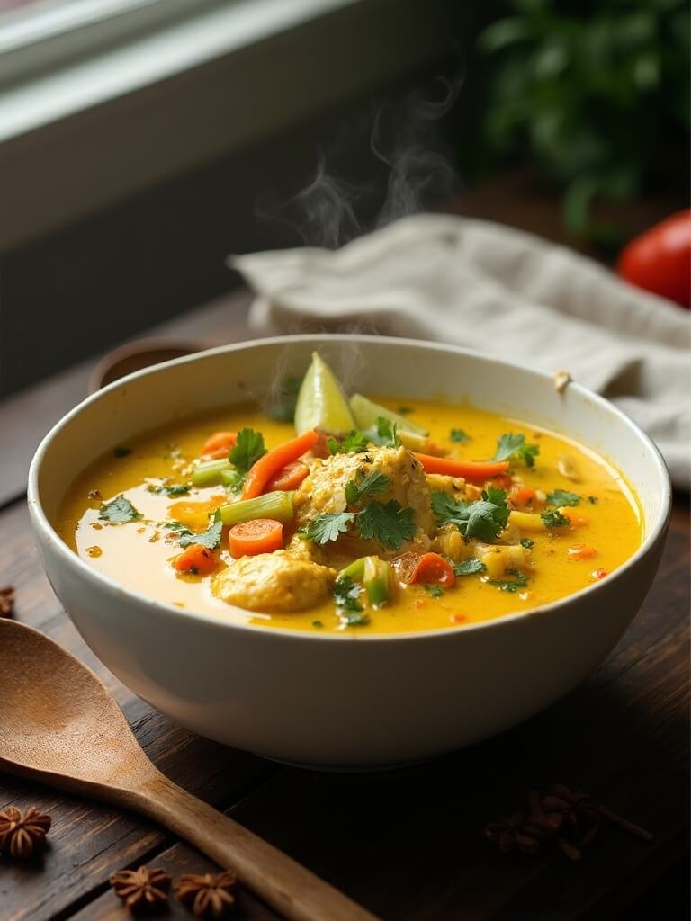 "golden chicken curry soup with coconut milk and vegetables in a white ceramic bowl, garnished with cilantro and lime wedges, on a rustic wooden table"