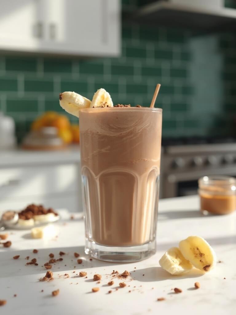 "chocolate protein shake with banana and cacao in a modern kitchen setting"