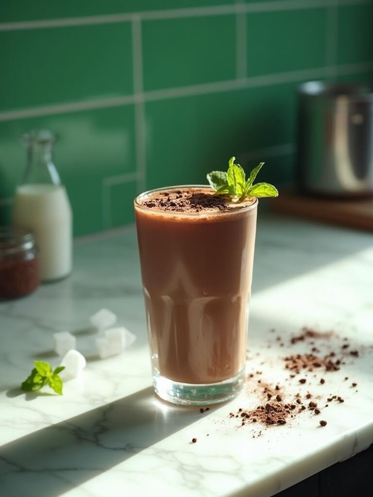 "overhead view of a chocolate mint protein shake with garnish and ingredients on a marble countertop in a modern kitchen"