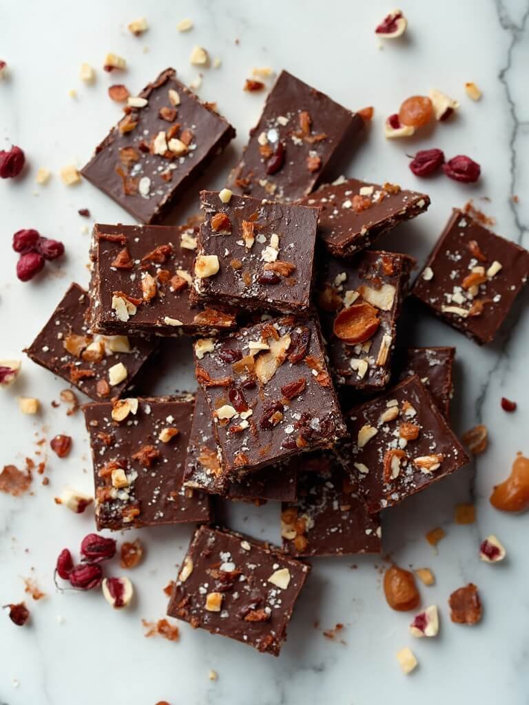 "chocolate protein bark with nuts and dried fruit on a white marble surface, photographed in natural window lighting"