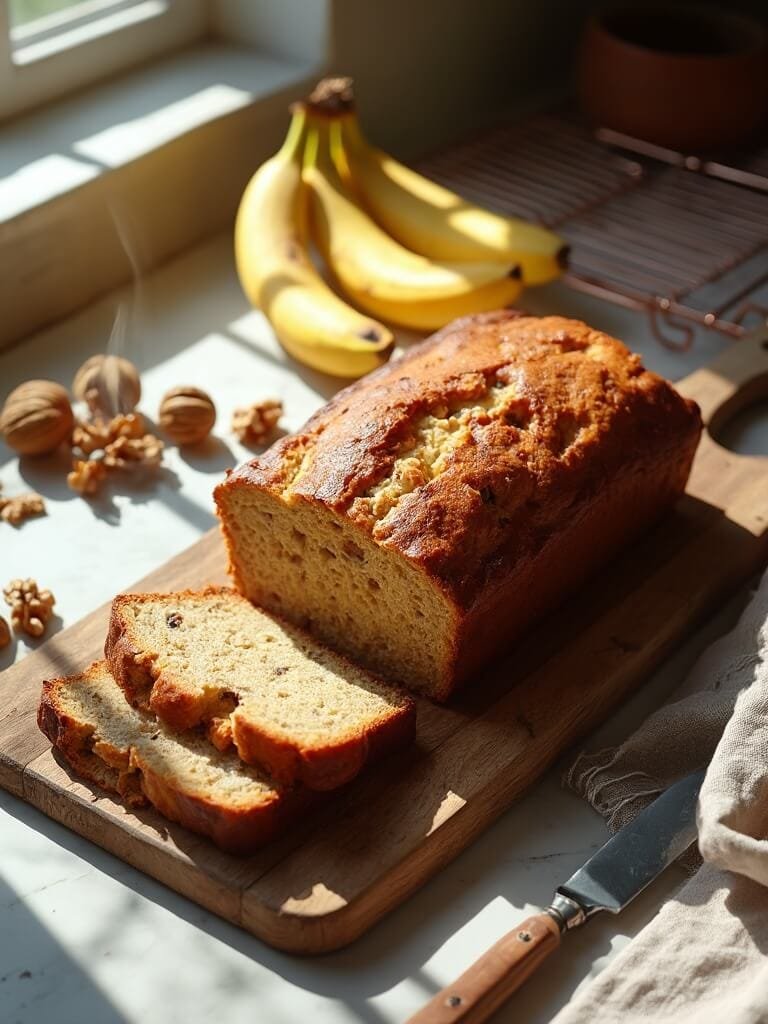 "freshly sliced banana bread with walnuts on a rustic wooden cutting board, surrounded by ingredients and kitchen tools, under natural sunlight"